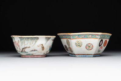 A Chinese blue, white and famille rose tea service, three famille rose bowls, a plate and a covered jar, 19th C.