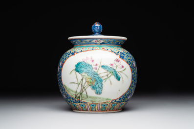 A Chinese blue, white and famille rose tea service, three famille rose bowls, a plate and a covered jar, 19th C.