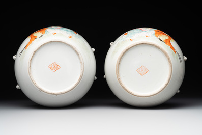 A Chinese famille verte vase, two famille rose jars and three covered jars, 19th C.