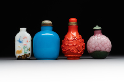 Four Chinese Peking glass snuff bottles, one with a Qianlong mark, 18/19th C.