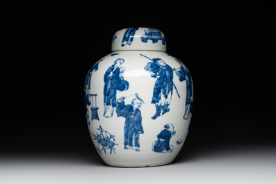 A rare Chinese blue and white 'figures' jar and cover, Kangxi mark, 19th C.