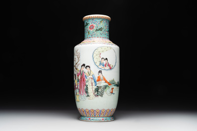 A Chinese famille rose vase with ladies in a garden, Qianlong mark, 20th C.