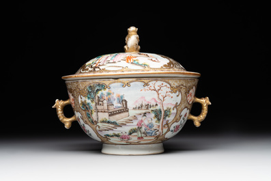 A Chinese Canton famille rose bowl and cover with figures in a landscape, Qianlong