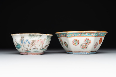 A Chinese blue, white and famille rose tea service, three famille rose bowls, a plate and a covered jar, 19th C.