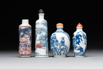 Two Chinese blue and white snuff bottles and two blue, white and copper-red snuff bottles, Yongzheng and Qianlong mark, 19th C.