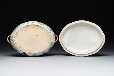 A rare Chinese Canton famille rose '100 butterflies' tureen and cover on stand, 19th C.