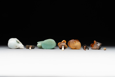 Eight Chinese jade, glass, agate and smoky quartz snuff bottles, 19/20th C.