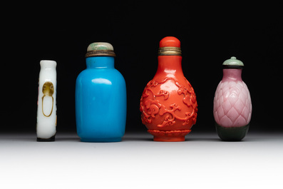 Four Chinese Peking glass snuff bottles, one with a Qianlong mark, 18/19th C.