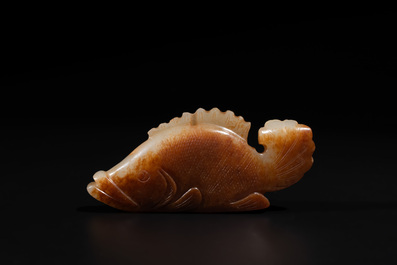 A Chinese white and russet jade mandarin fish or Chinese perch, Yuan