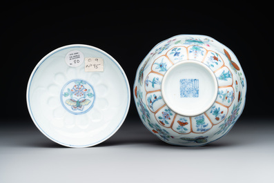 An exceptional Chinese gilt-decorated doucai and famille rose covered bowl with butterflies and floral design, Jiaqing mark and of the period