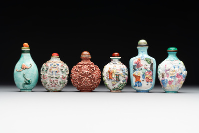Six Chinese famille rose moulded snuff bottles, Qianlong mark, 19/20th C.