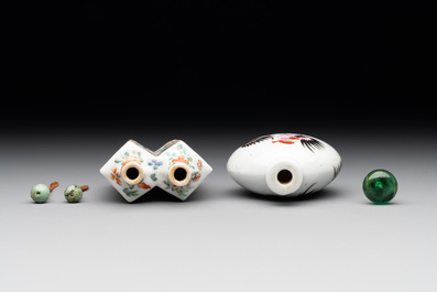 A Chinese double losange-shaped '12 zodiac animals' snuff bottle and a 'roosters' snuff bottle, 19th C.