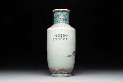 A Chinese famille rose vase with ladies in a garden, Qianlong mark, 20th C.