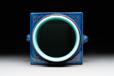 A rare Chinese gilt-decorated powder-blue-ground famille rose 'cong' vase, Yongzheng mark, 20th C.