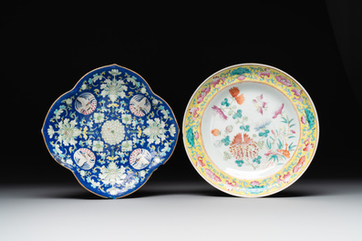 A Chinese blue, white and famille rose tea service, three famille rose bowls, a plate and a covered jar, 19th C.