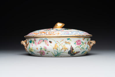 A rare Chinese Canton famille rose '100 butterflies' tureen and cover on stand, 19th C.