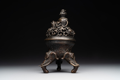 A fine Chinese tripod 'elephant' censer and cover, Ming
