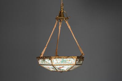 A French chandelier inset with Chinese famille verte plaques, 19th C.