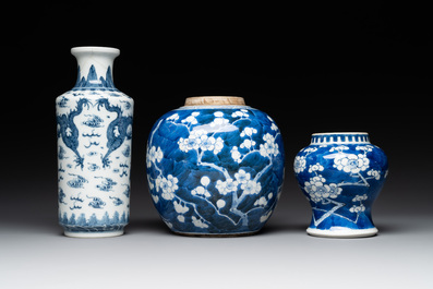 A Chinese blue and white 'dragon' vase, one jar mounted as lamp, two jars and a plate, Chenghua mark, 19th C.