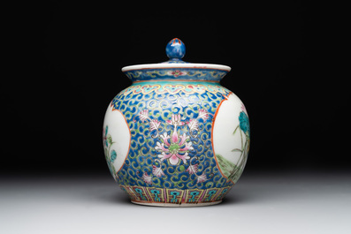A Chinese blue, white and famille rose tea service, three famille rose bowls, a plate and a covered jar, 19th C.