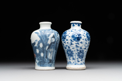 Two Chinese blue, white and copper-red snuff bottles, Yongzheng mark, 18/19th C.