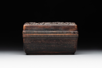 A Chinese rectangular silver-inlaid zitan wood 'dragon' box and cover, 17/18th C.
