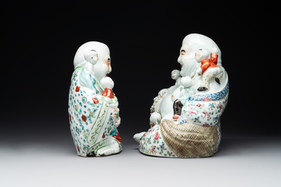 Three Chinese famille rose Buddhas, Zhu Mao Ji Zao 朱茂記造 mark, Republic