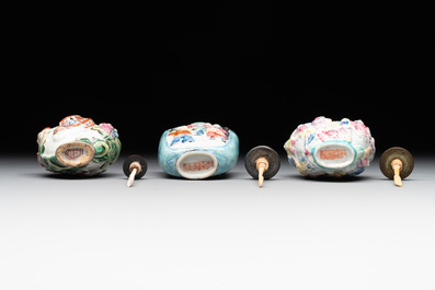 Six Chinese famille rose moulded snuff bottles, Qianlong mark, 19/20th C.