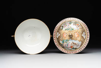 A Chinese Canton famille rose bowl and cover with figures in a landscape, Qianlong