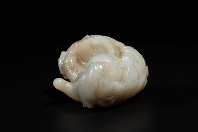 A Chinese white and russet jade 'Lu Ru Feng Qin 鹿乳奉親' carving, Qing