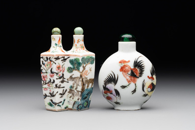 A Chinese double losange-shaped '12 zodiac animals' snuff bottle and a 'roosters' snuff bottle, 19th C.