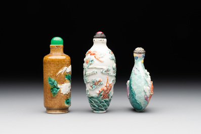 Three Chinese famille rose moulded snuff bottle, Ying Chuan Zhen Cang 穎川珍藏 mark, 19th C.