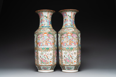 A pair of Chinese Canton famille rose vases with figures, flowers and insects, 19th C.