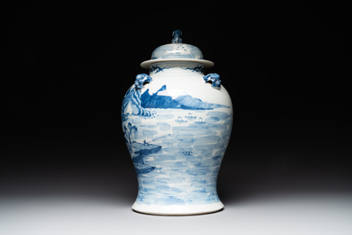 A Chinese blue and white 'landscape' vase and cover, Chenghua mark, 19th C.