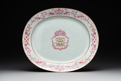 Three large oval Chinese crown-monogrammed puce-enamelled and gilt-decorated dishes, Qianlong