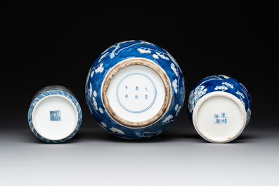A Chinese blue and white 'dragon' vase, one jar mounted as lamp, two jars and a plate, Chenghua mark, 19th C.
