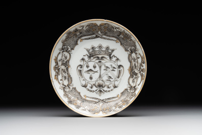 A Chinese gilt-decorated grisaille armorial cup and saucer, Qianlong