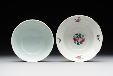 Two Chinese blue, white and famille rose bowls and two famille rose bowls, Guangxu and Shen De Tang mark, 19th C.