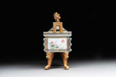 A fine Chinese gilt-decorated blue, white and famille rose covered censer, Qianlong