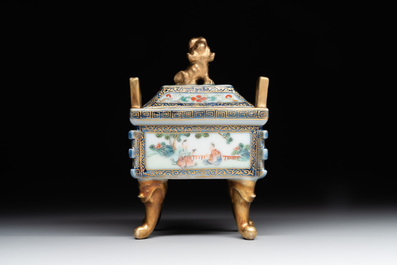 A fine Chinese gilt-decorated blue, white and famille rose covered censer, Qianlong