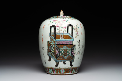 A Chinese famille verte vase, two famille rose jars and three covered jars, 19th C.