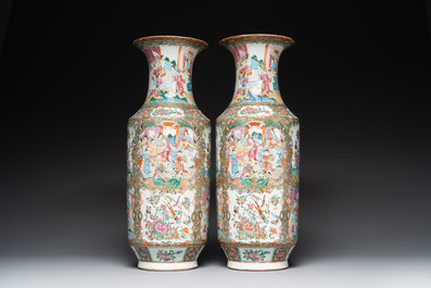 A pair of Chinese Canton famille rose vases with figures, flowers and insects, 19th C.