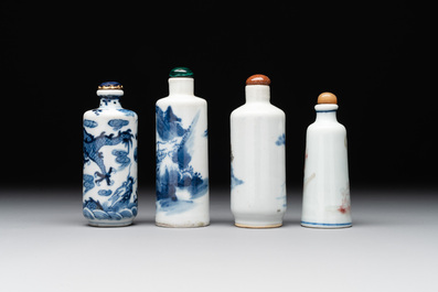 Two Chinese blue and white snuff bottles and two blue, white and copper-red snuff bottles, 19th C.
