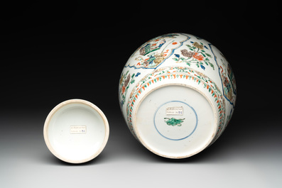 A Chinese famille verte 'figures and antiquities' jar and cover, Kangxi