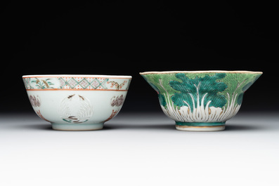 Two Chinese blue, white and famille rose bowls and two famille rose bowls, Guangxu and Shen De Tang mark, 19th C.