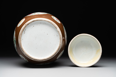 A pair of Chinese capucin-brown-ground famille rose covered jars with floral design, Yongzheng/Qianlong