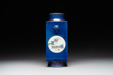 A rare Chinese gilt-decorated powder-blue-ground famille rose 'cong' vase, Yongzheng mark, 20th C.