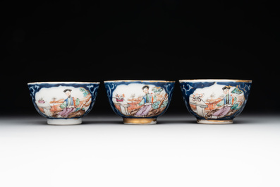 A Chinese Canton famille rose 18-piece 'mandarin subject' tea service, Qianlong