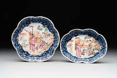 A Chinese Canton famille rose 18-piece 'mandarin subject' tea service, Qianlong