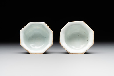 A Chinese blue, white and famille rose tea service, three famille rose bowls, a plate and a covered jar, 19th C.
